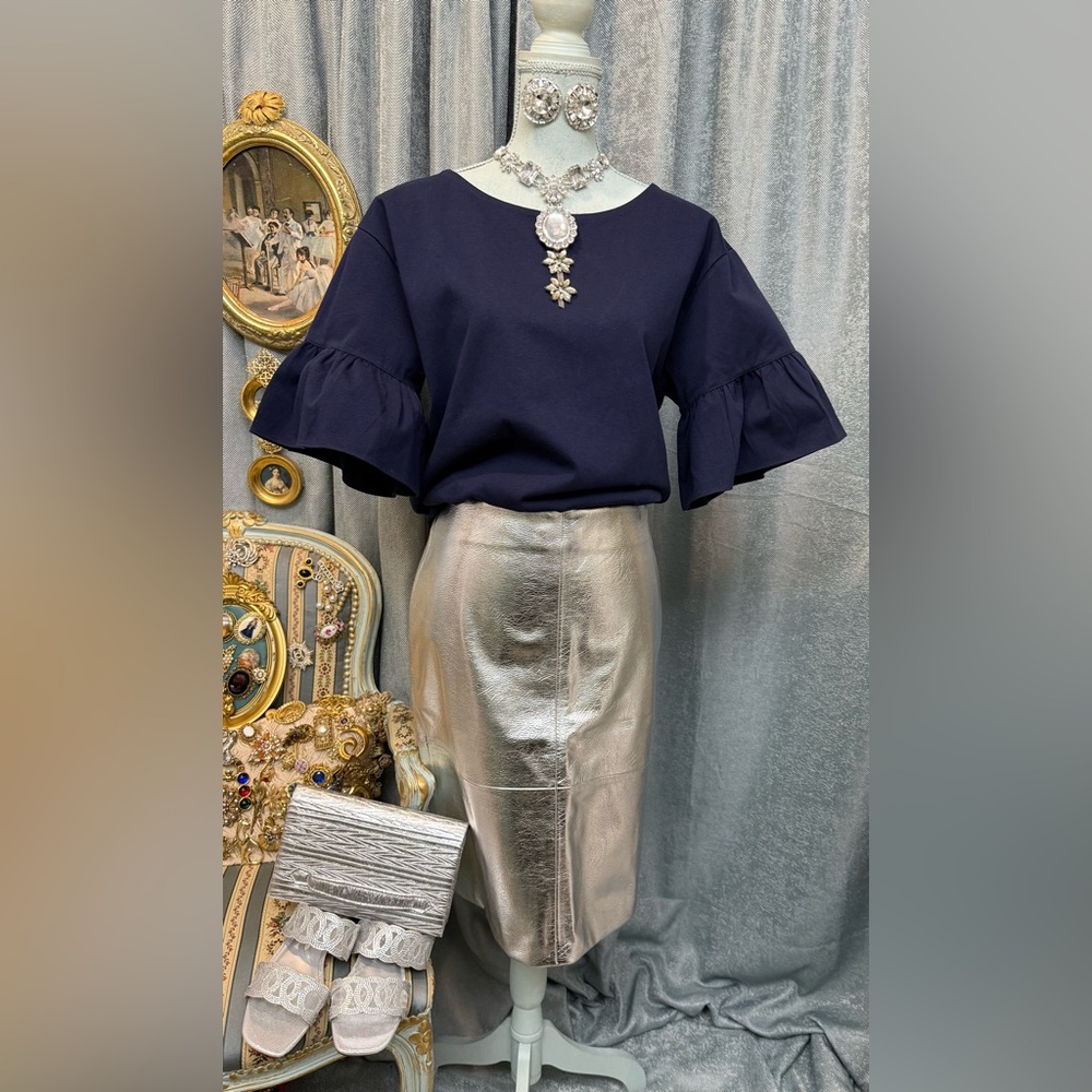 Blue Blouse with Puff Sleeves and Embellished Details with Silver Pencil Skirt